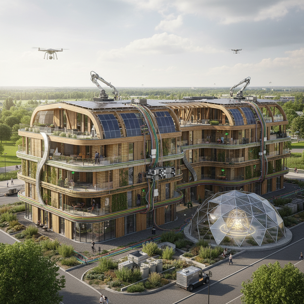 Modern inşaat alanı, sürdürülebilir malzemeler ve akıllı ev teknolojileri