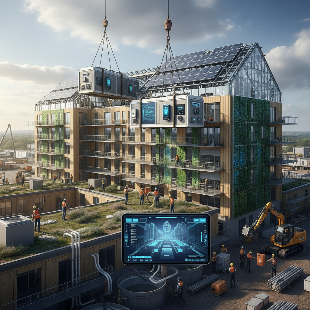 Modern inşaat alanı, sürdürülebilir malzemeler ve akıllı ev teknolojileri
