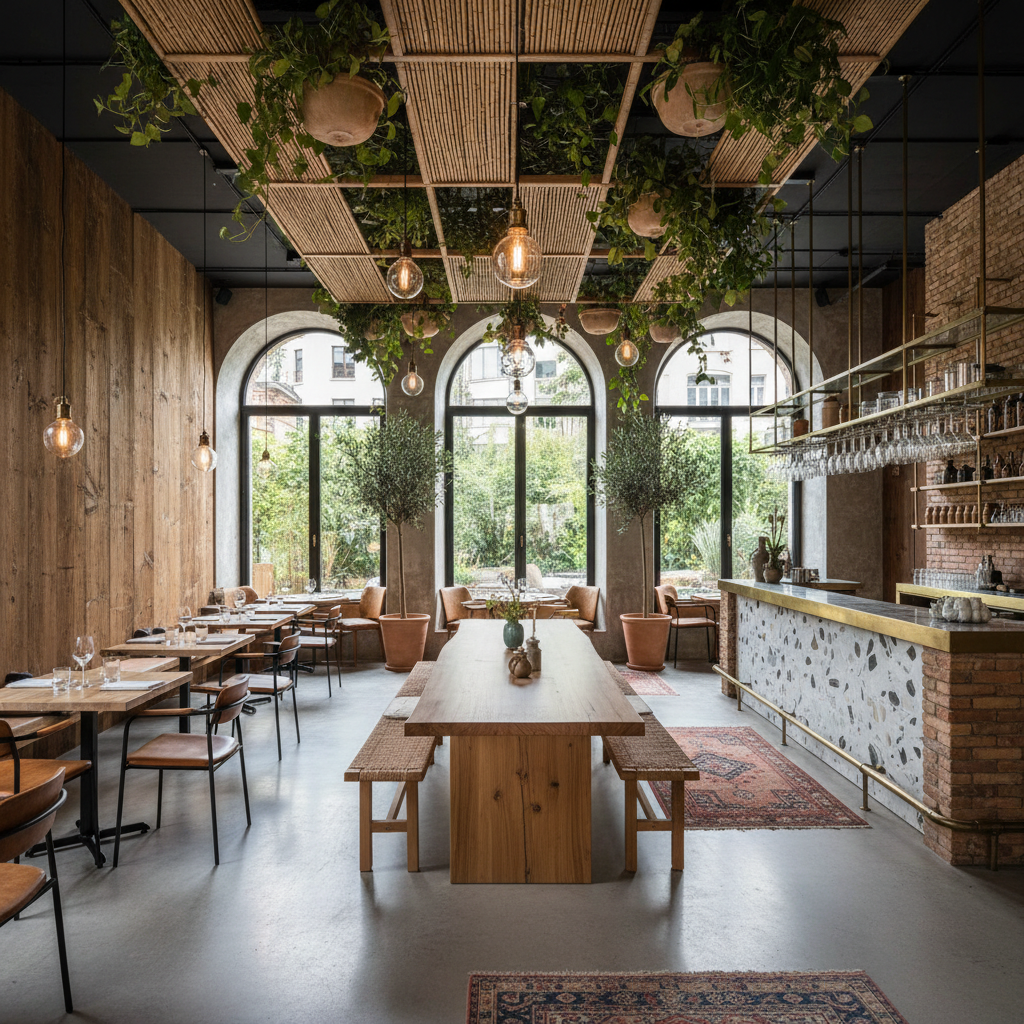 Modern restoran dekorasyonu ve doğal malzemeler