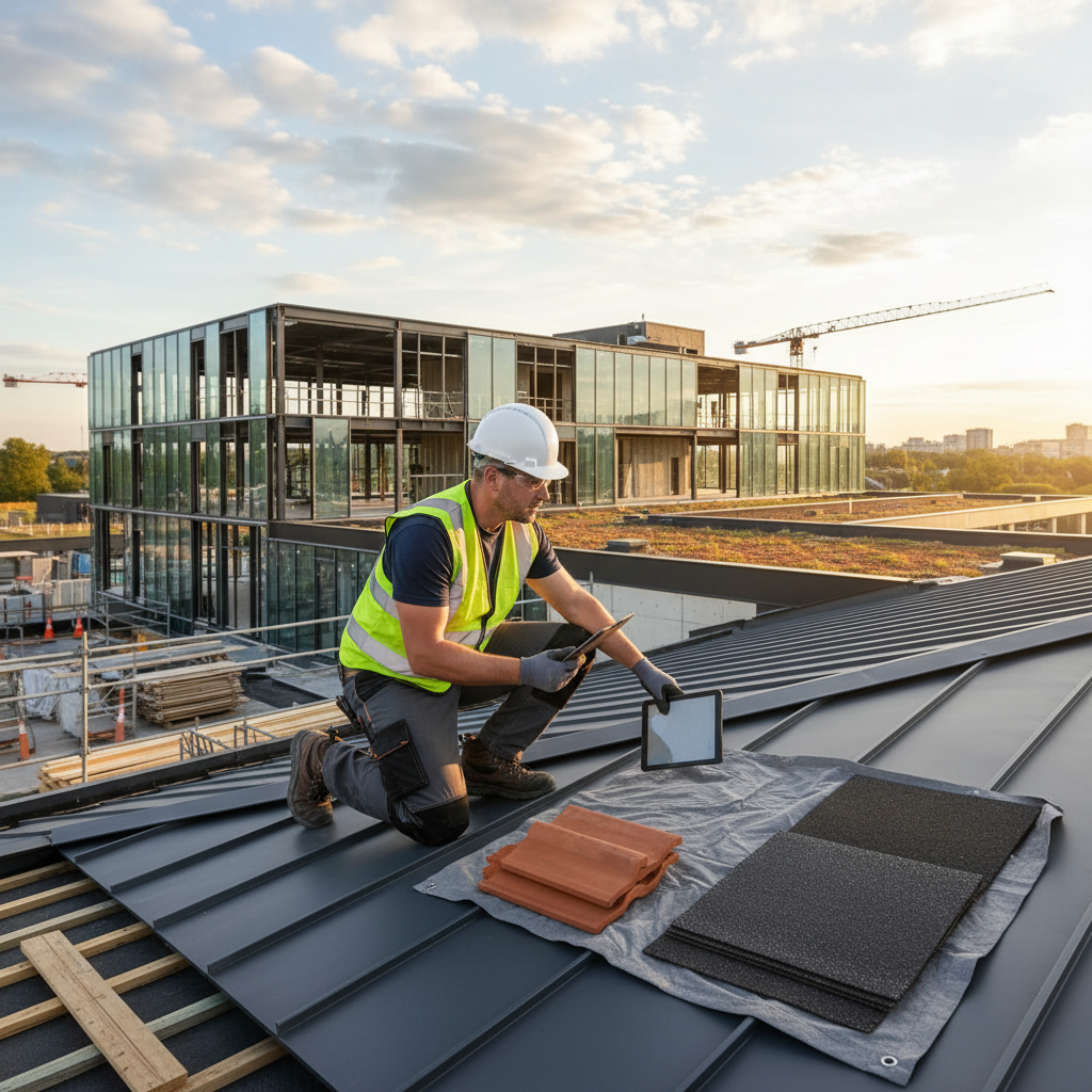 Çatı yenileme projesini inceleyen bir inşaat işçisi