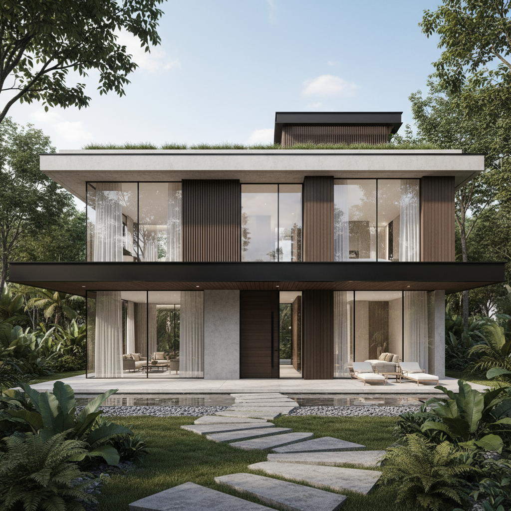 Modern villa tasarımı, geniş bahçe ve doğal malzemeler ile çevrili.