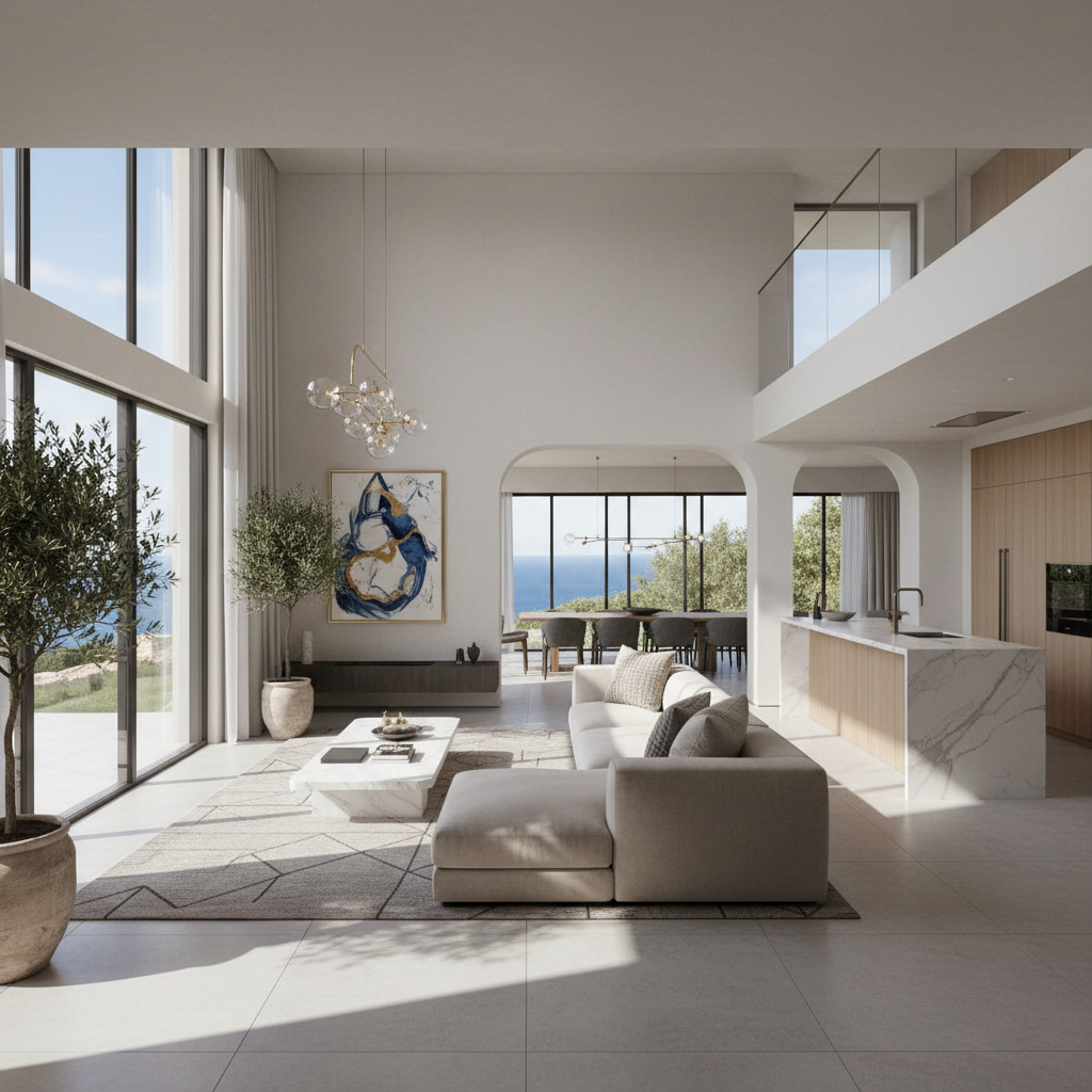 Şık bir şekilde yenilenmiş lüks villa iç mekan görüntüsü.