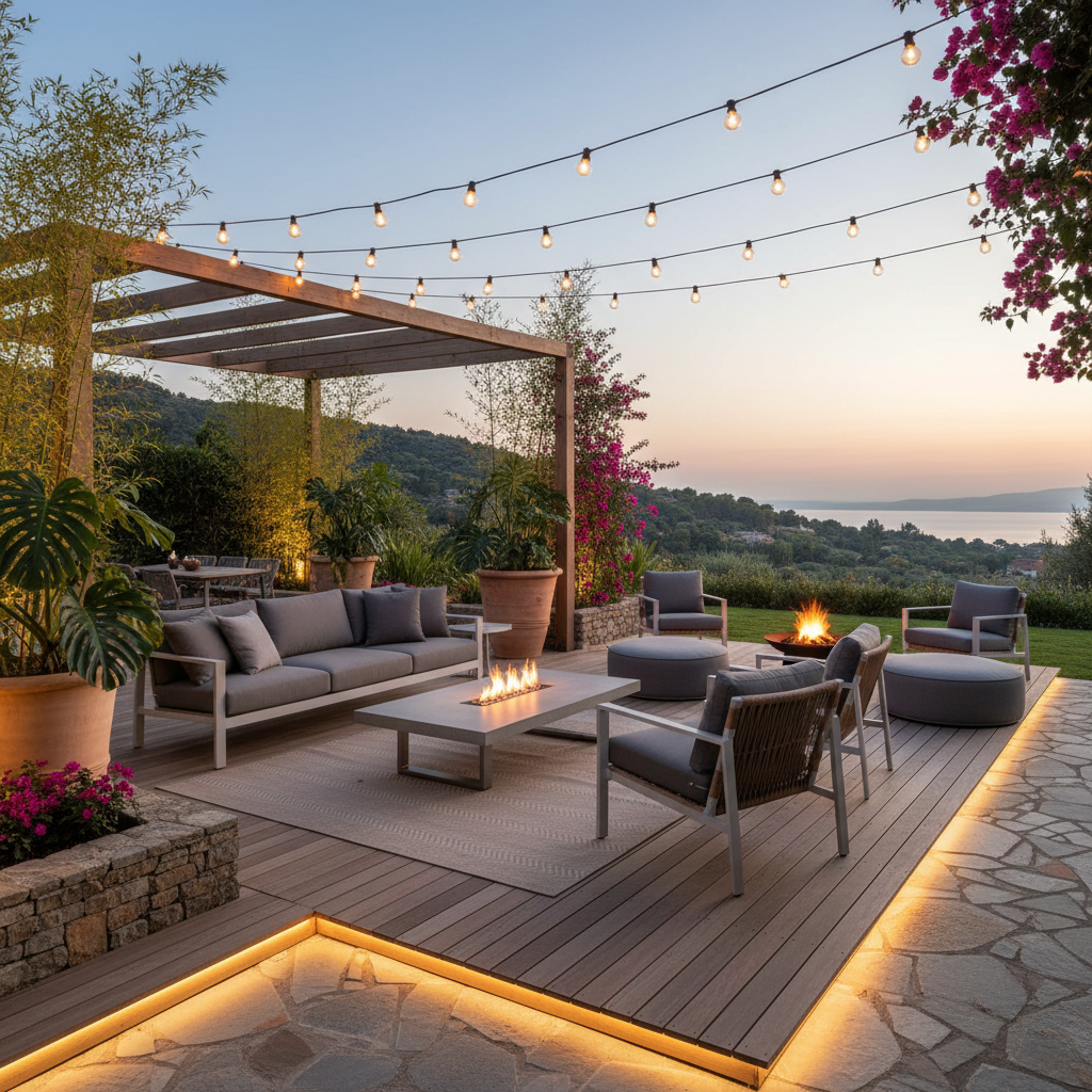 Modern açık alan yaşam trendleri ile donatılmış bahçe