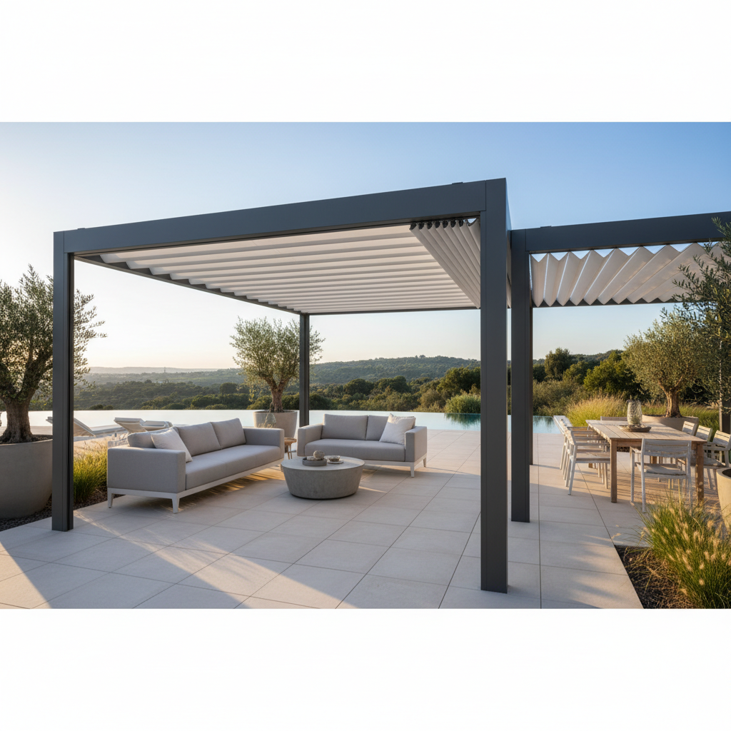 Açılır kapanır pergola sistemi olan modern bir dış mekan