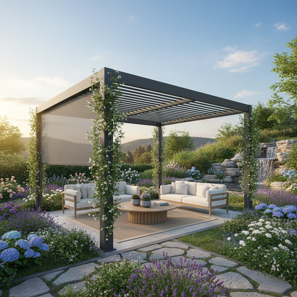 Modern bir bahçede açılır kapanır pergola sistemi