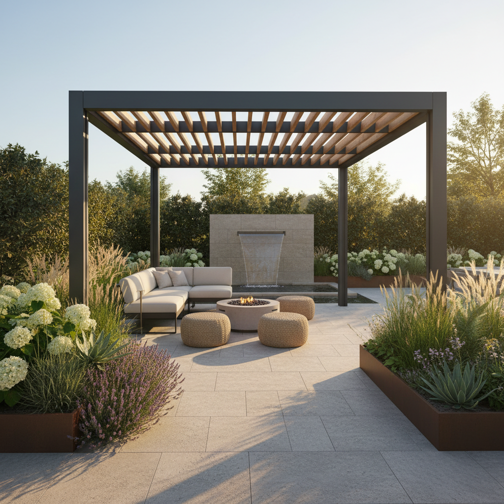 Modern açılır kapanır pergola sistemi bahçede