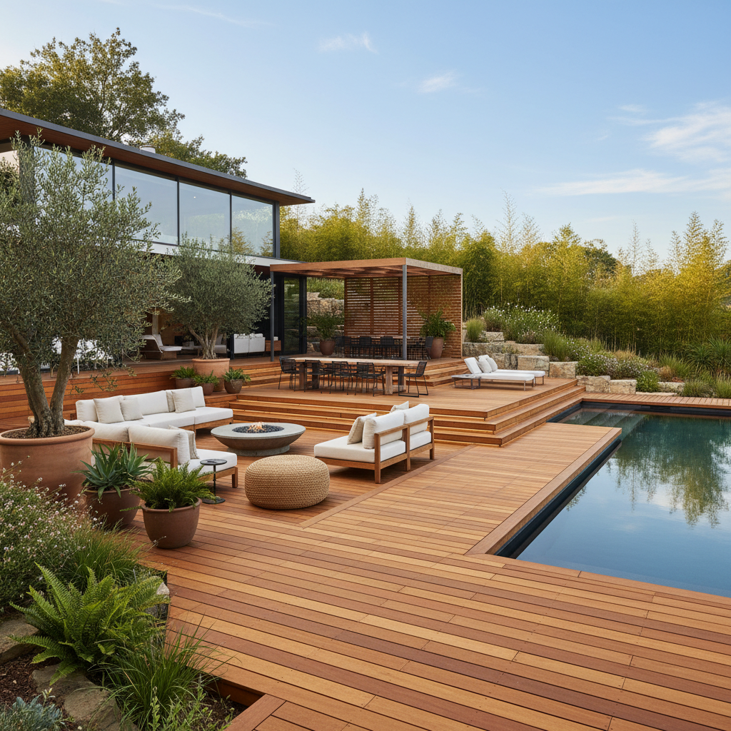 Ahşap deck sistemleri ile tasarlanmış bahçe