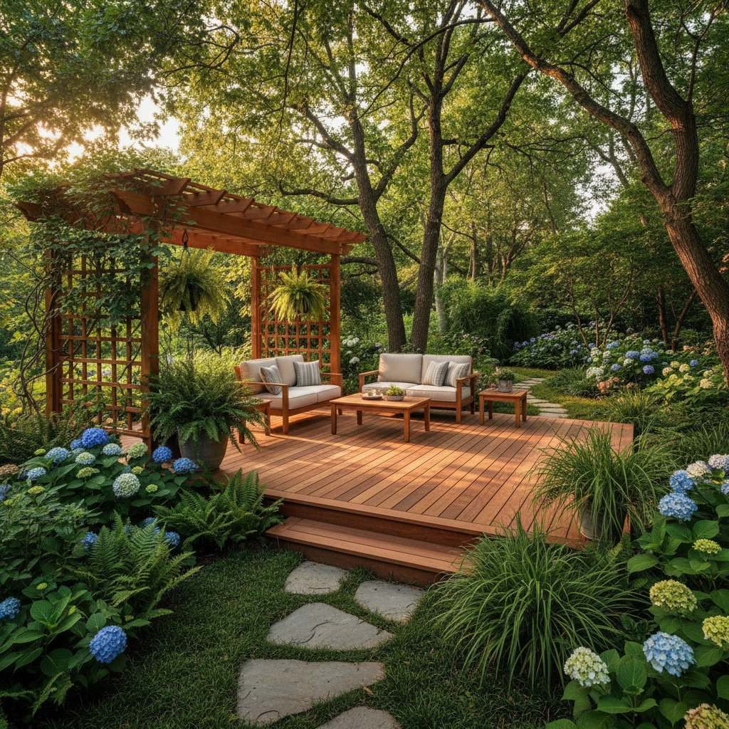 Doğal ahşap deck ile çevrili bahçe