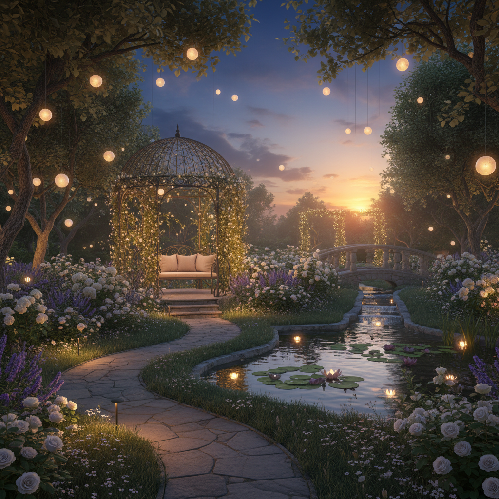 Güzel bir şekilde aydınlatılmış bahçe