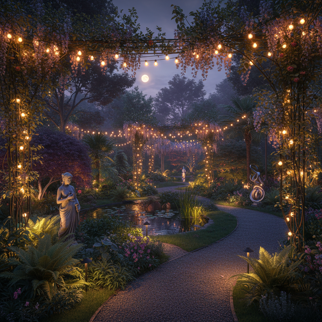 Gece bahçe aydınlatması ile bir bahçe manzarası