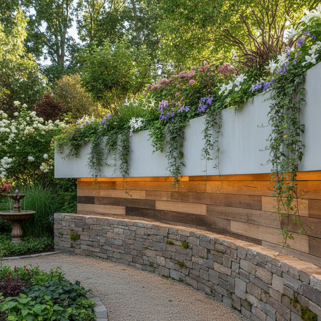Farklı malzemelerden yapılmış bahçe duvarı