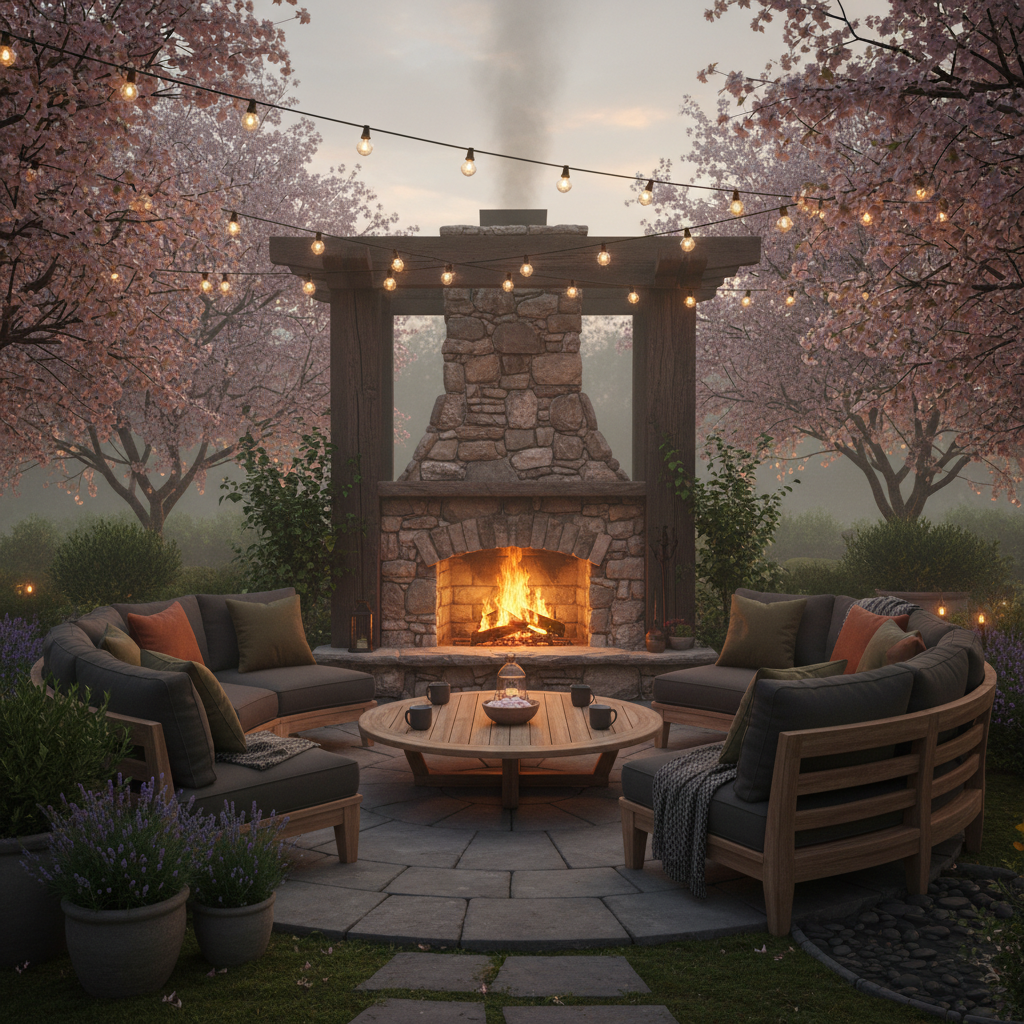 Bahçede modern bir şömine ve oturma alanı