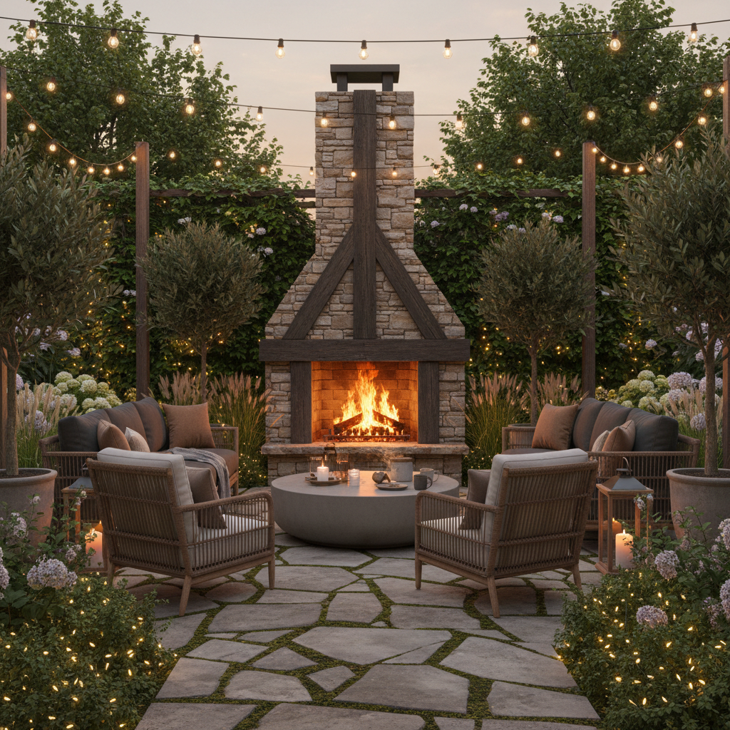 Bahçede yer alan modern bir şömine