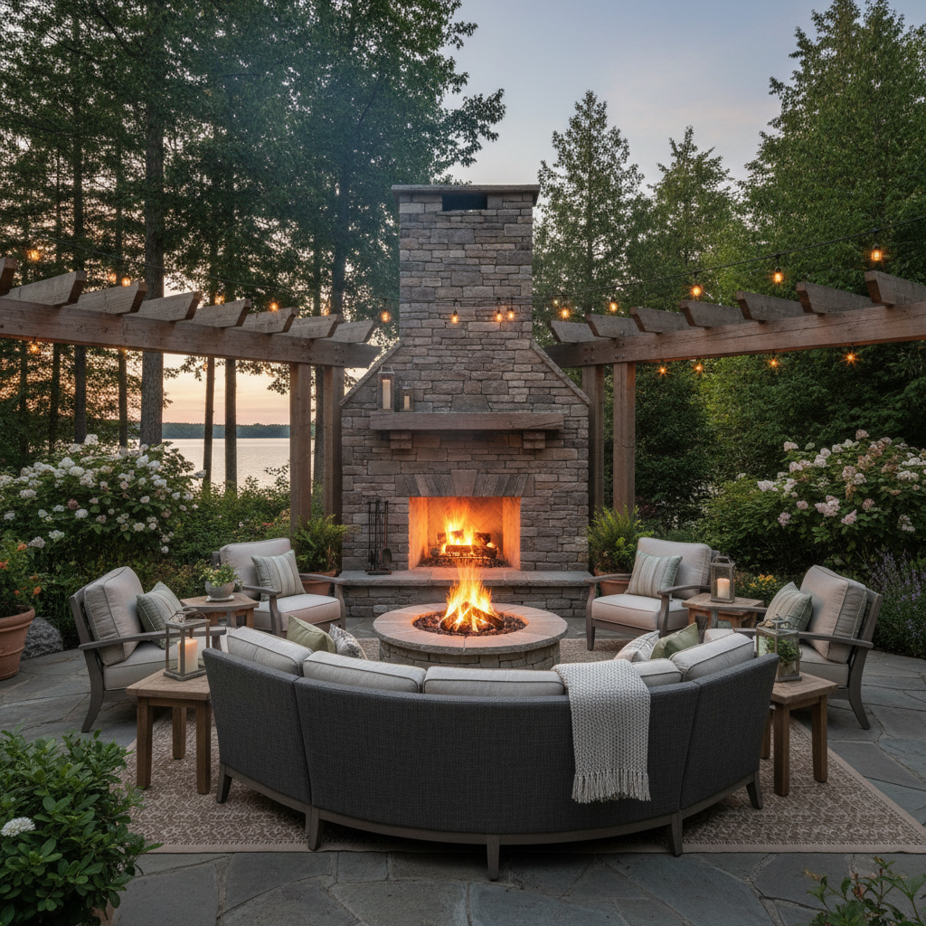 Bahçede şömine ve ateş alanı