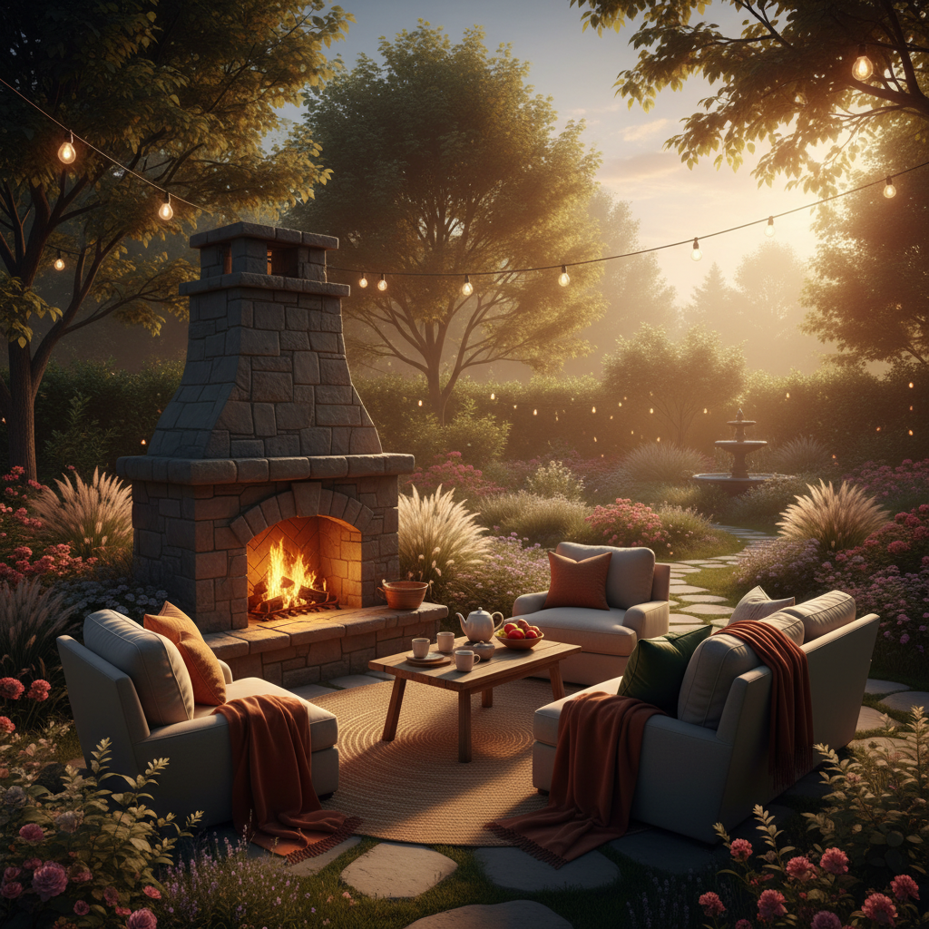 Bahçede şömine ve oturma alanı