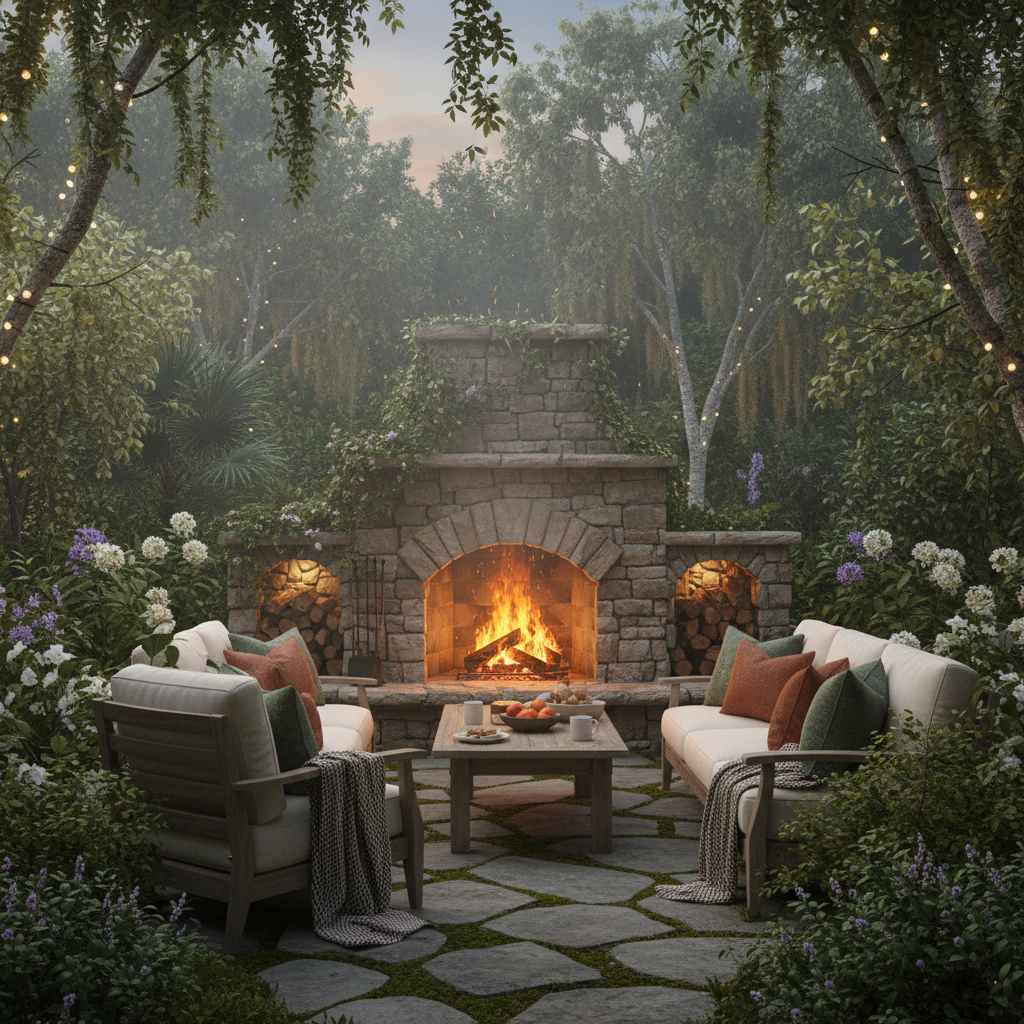 Bahçede şömine ve doğal ortam