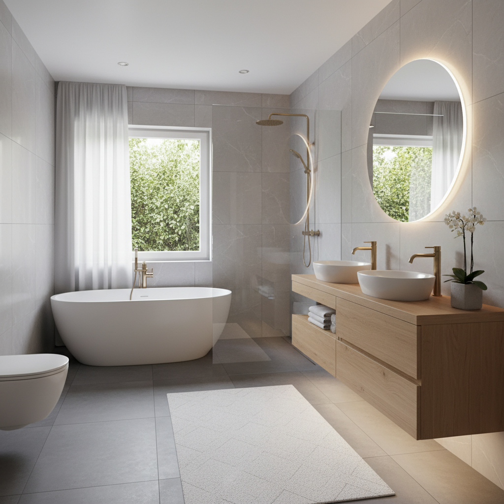 Modern bir banyo tasarımının iç görünümü.