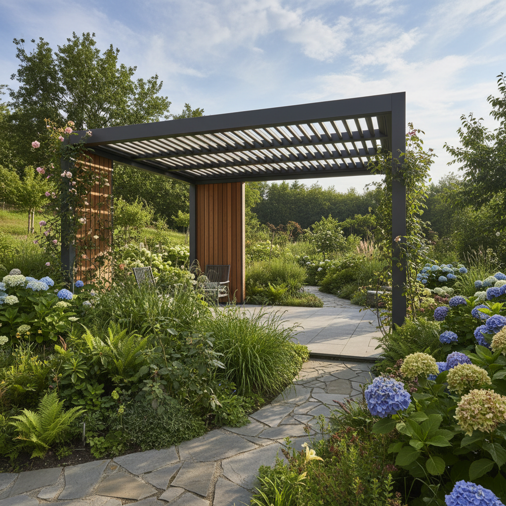 Modern bioclimatic pergola bahçe ortamında