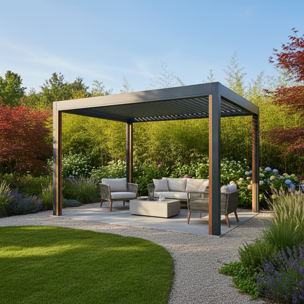 Modern bioclimatic pergola bahçe düzenlemesi
