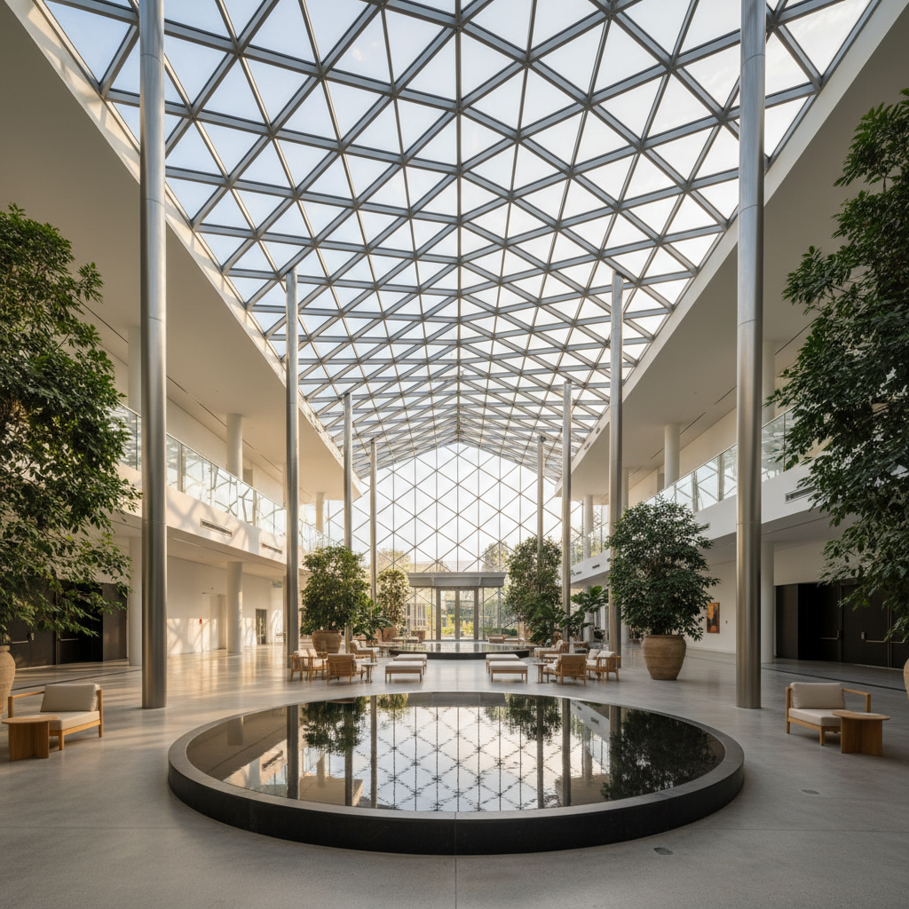 Modern cam tavan sistemleri ile aydınlık bir iç mekan