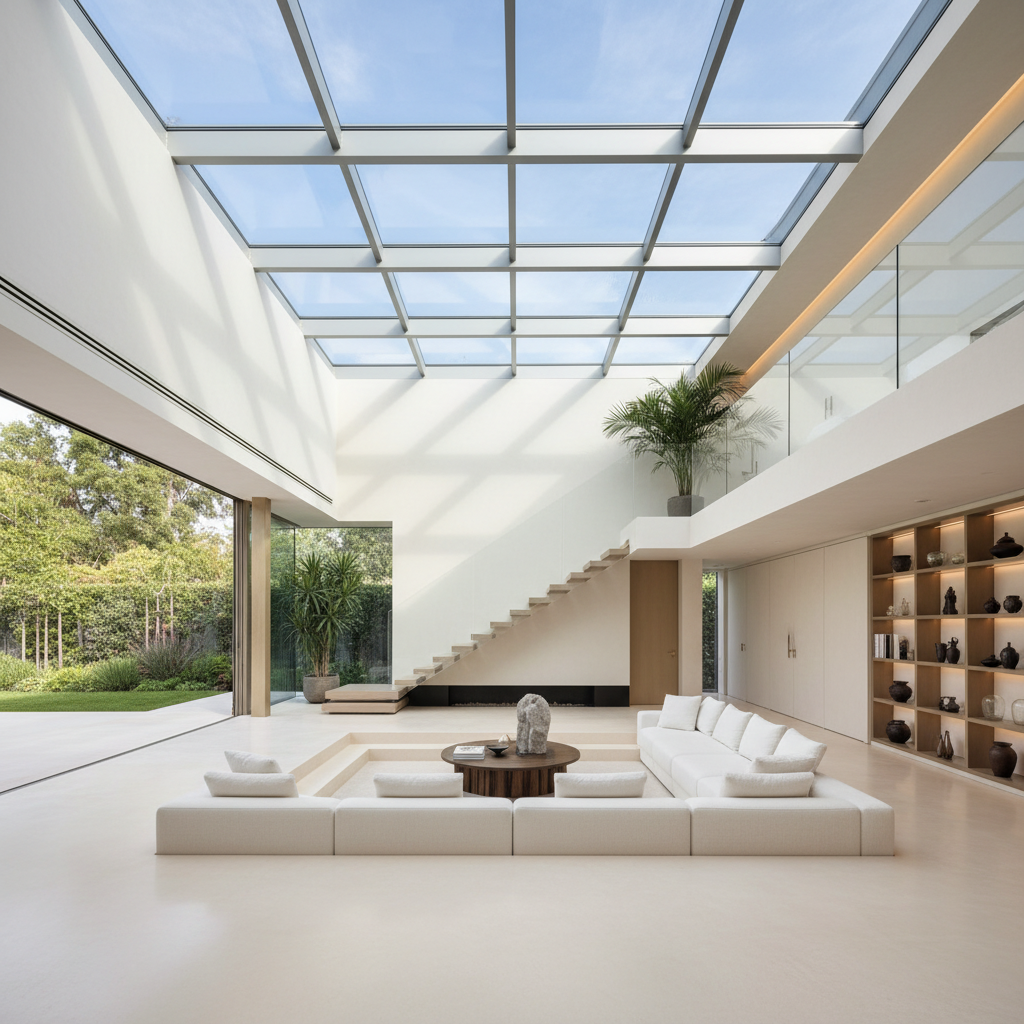 Modern cam tavan sistemleri ile tasarlanmış iç mekan