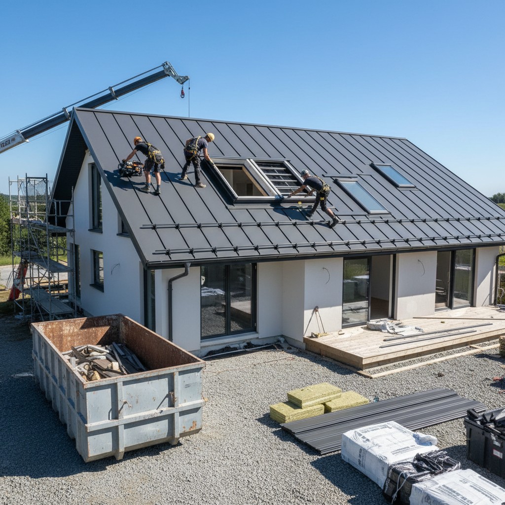 Çatı aktarma süreci sırasında çalışan işçiler