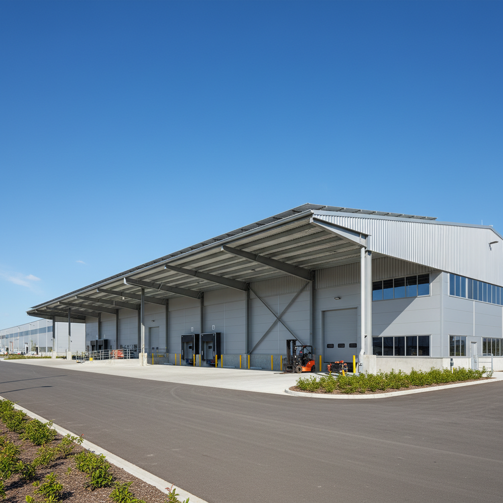 Modern bir depo yapısında çelik çatı sistemi