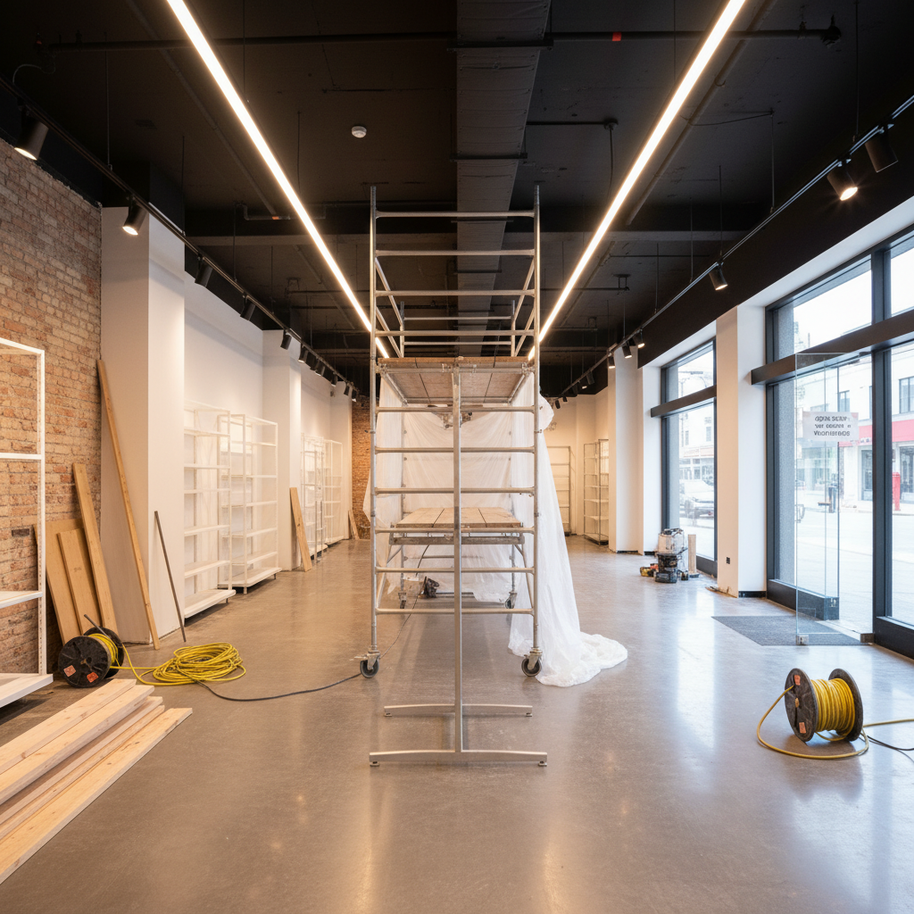 Dükkan tadilatı sürecini gösteren modern bir iç mekan