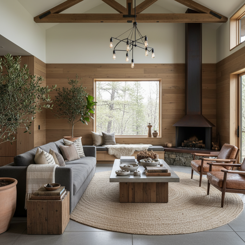 Modern ve rustik dekorasyon stillerini sergileyen şık bir oturma odası