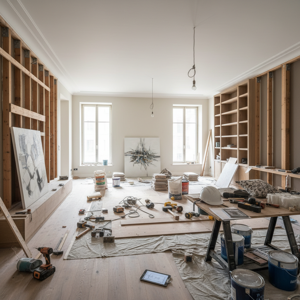 Ev tadilatı sürecindeki bir oturma odası