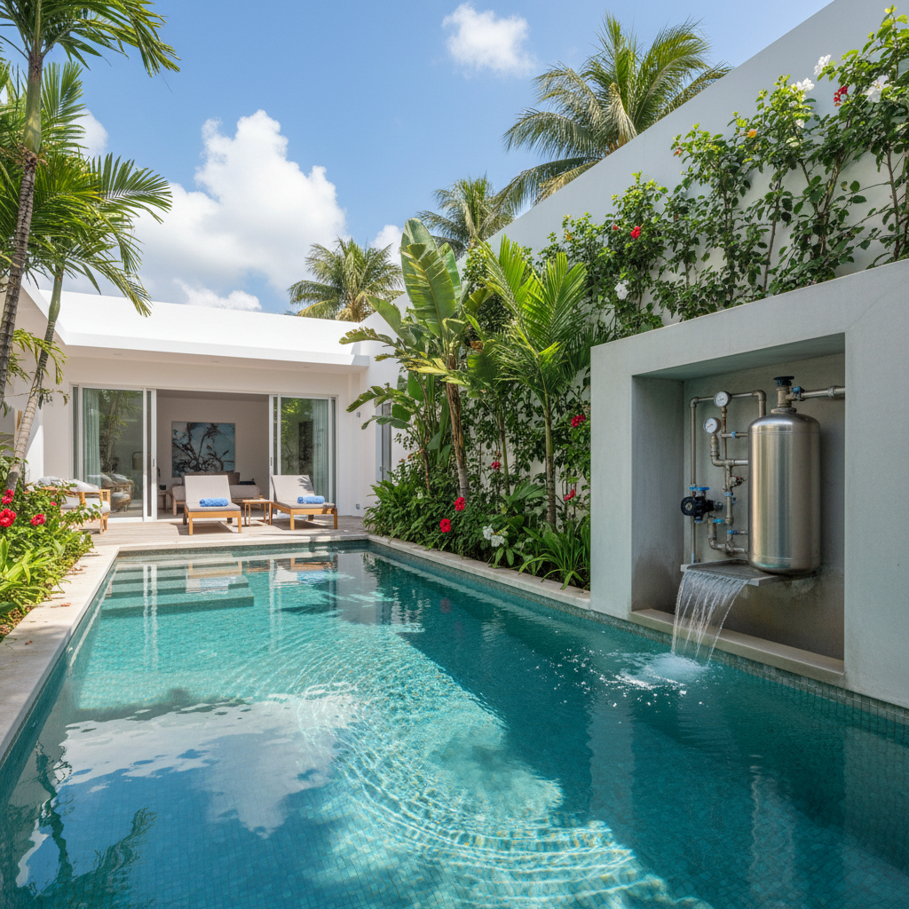 Temiz suya sahip bir havuz ve modern filtrasyon sistemi.