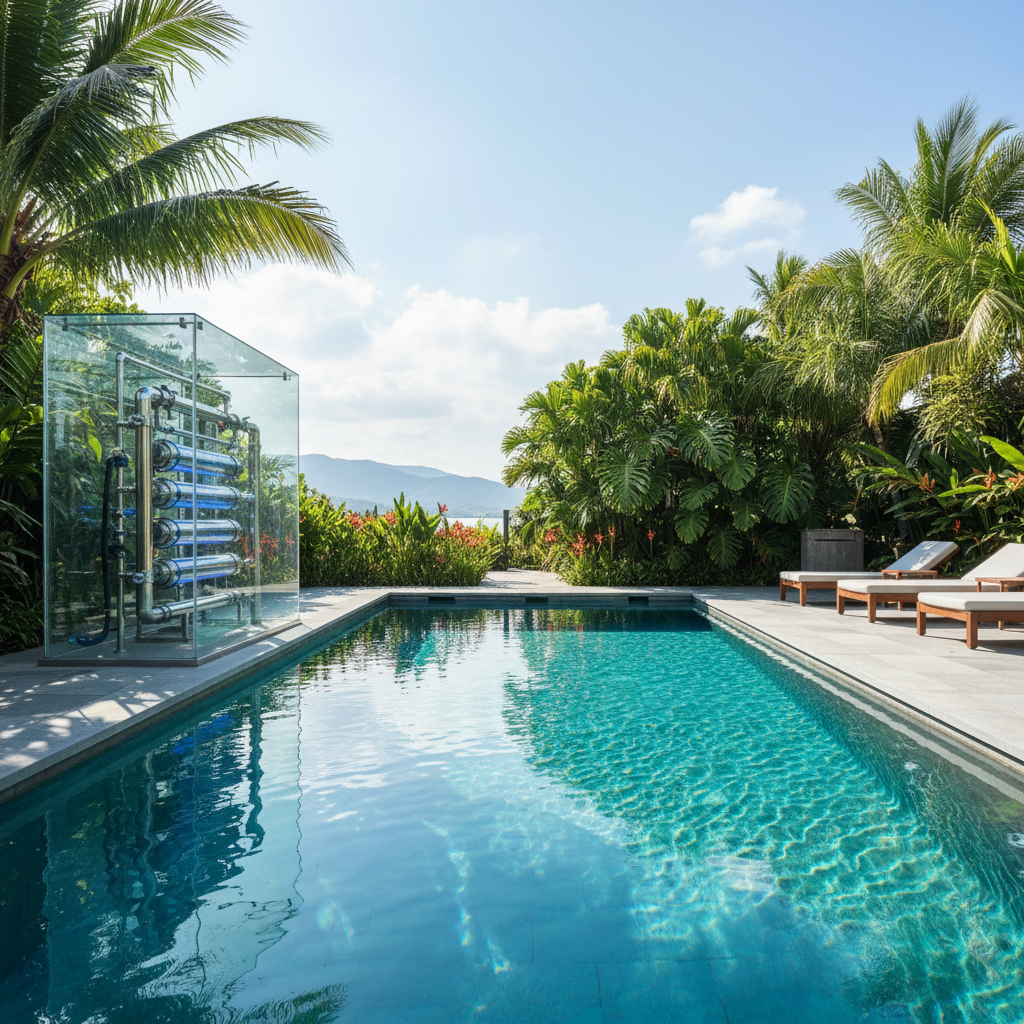 Temiz suyu ve modern filtrasyon sistemi olan bir yüzme havuzu.