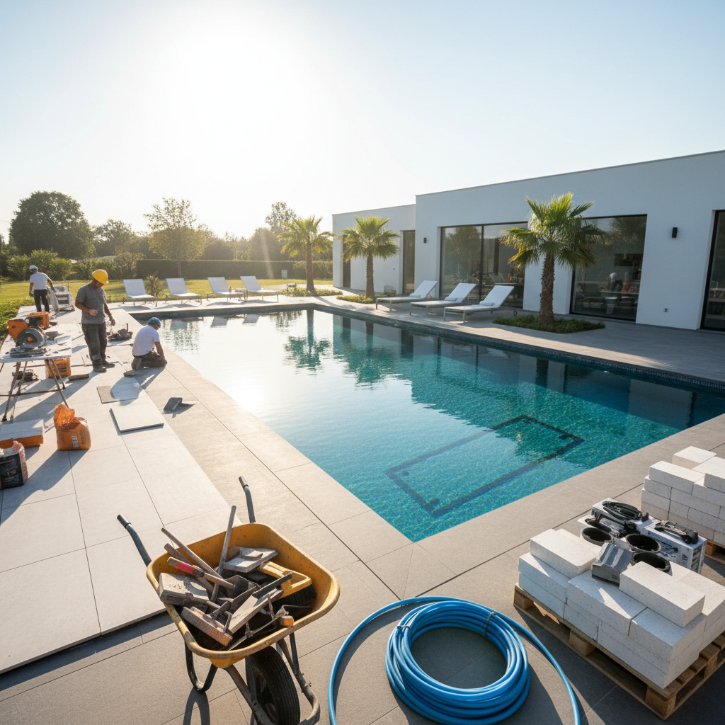 Havuz renovasyonu sahnesi, temiz ve davetkar bir havuz alanı