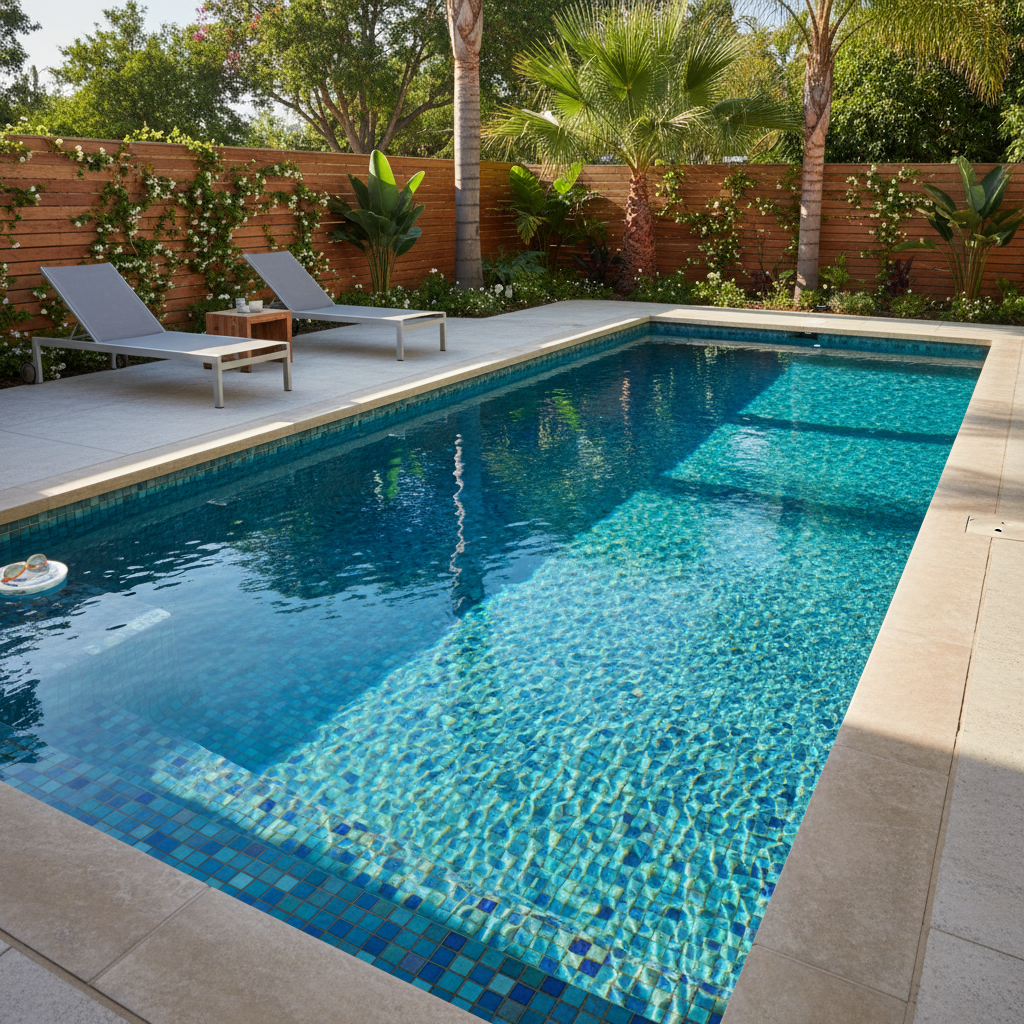 Yenilenmiş bir yüzme havuzunun görüntüsü.