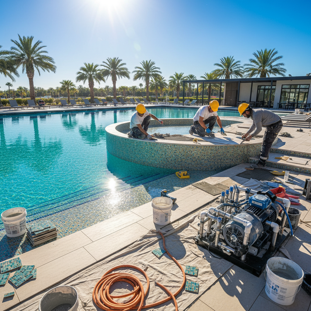 Havuz renovasyonu sahnesi, işçiler yeni karolar uyguluyor.