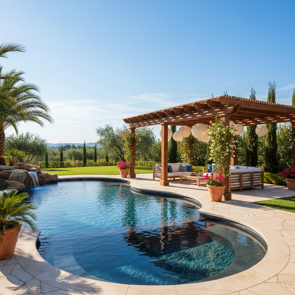 Bahçede havuz ve pergola kombinasyonu