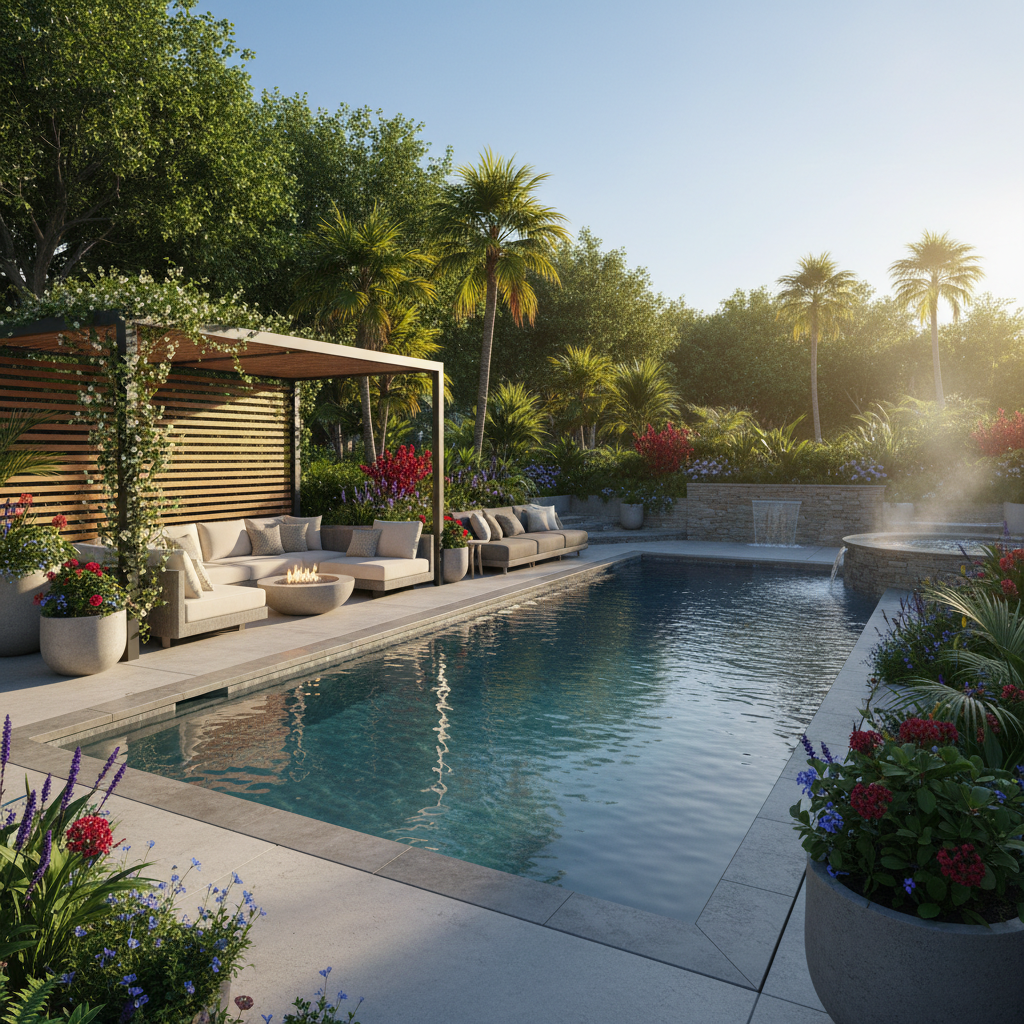 Güzel bir havuz ve şık bir pergola ile çevrili bahçe manzarası