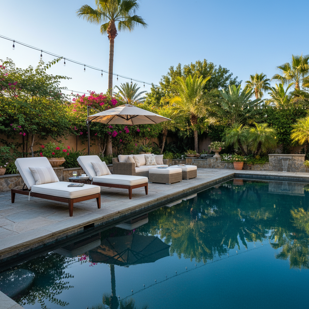 Güneşli bir bahçede havuz manzarası