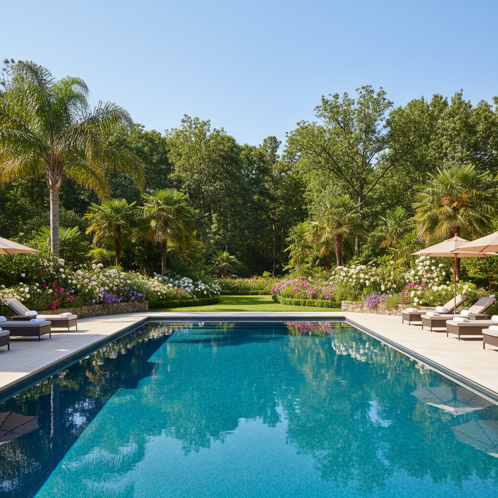Güzel bir bahçe ile çevrili yüzme havuzu