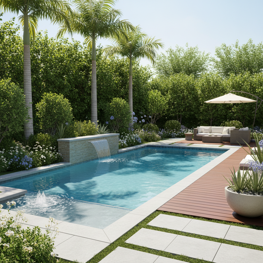 Yeni yapılmış bir yüzme havuzunun çevresinde yeşil bitkiler.