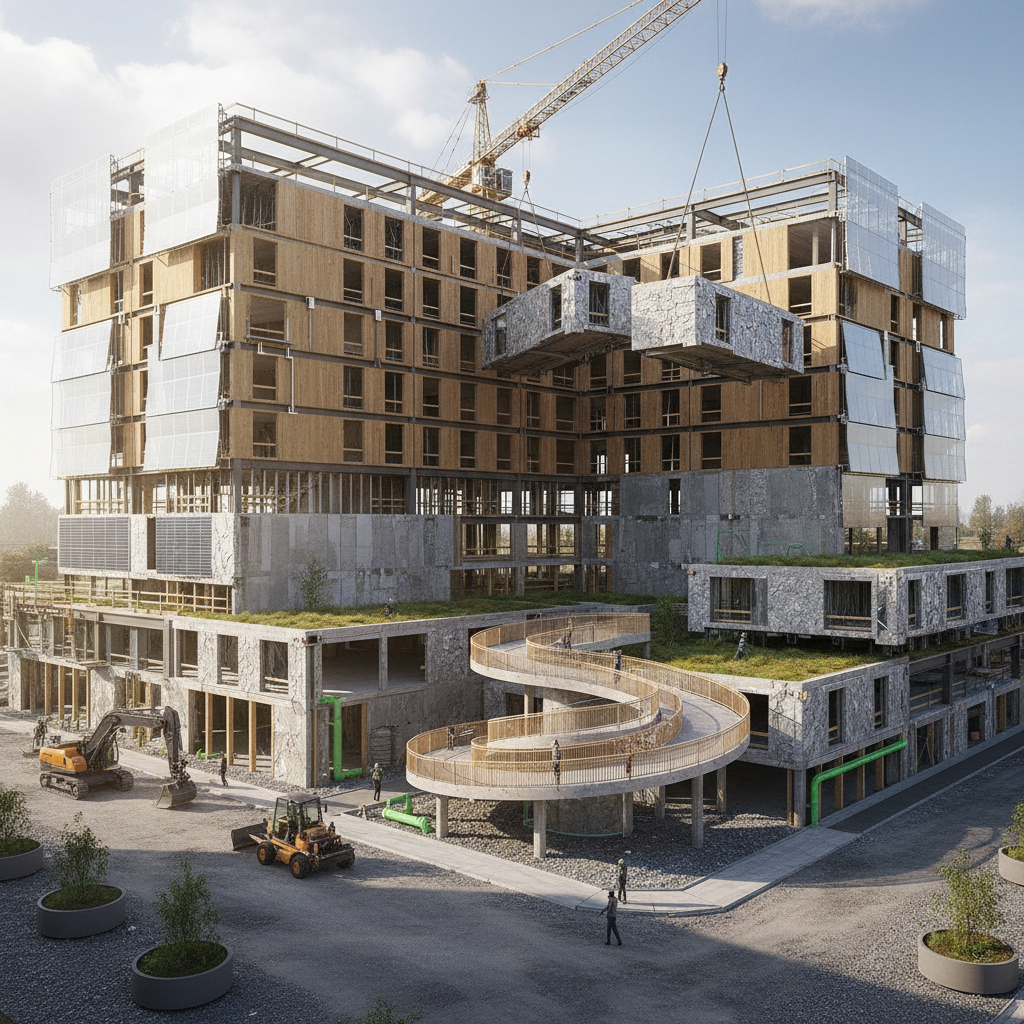 Modern inşaat alanı ve sürdürülebilir malzemeler