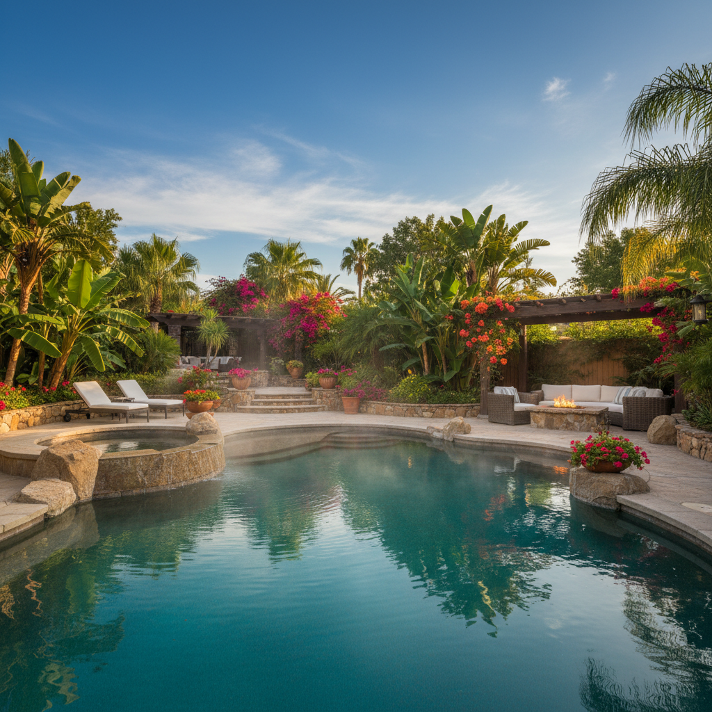 Lüks bir arka bahçede ısıtmalı havuz görüntüsü.