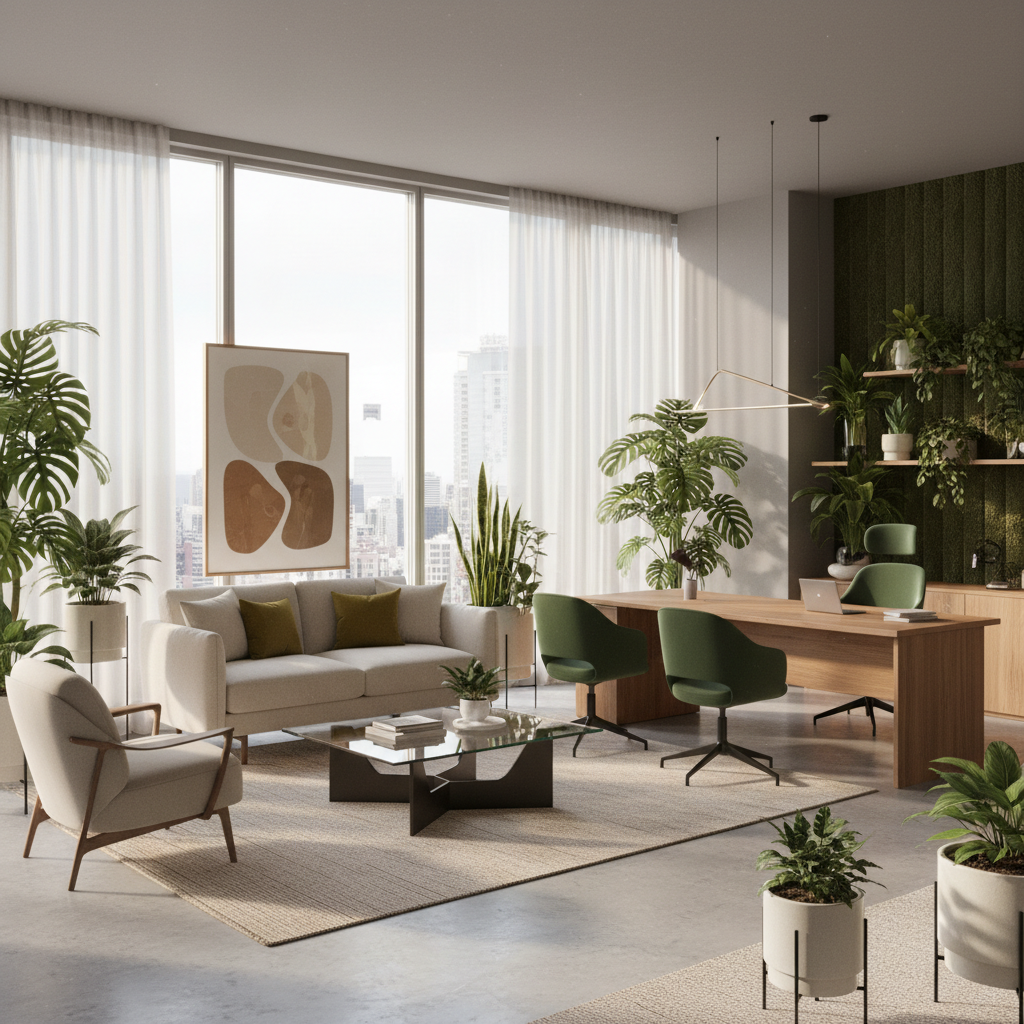 Modern ofis dekorasyonu ve yeşil bitkiler