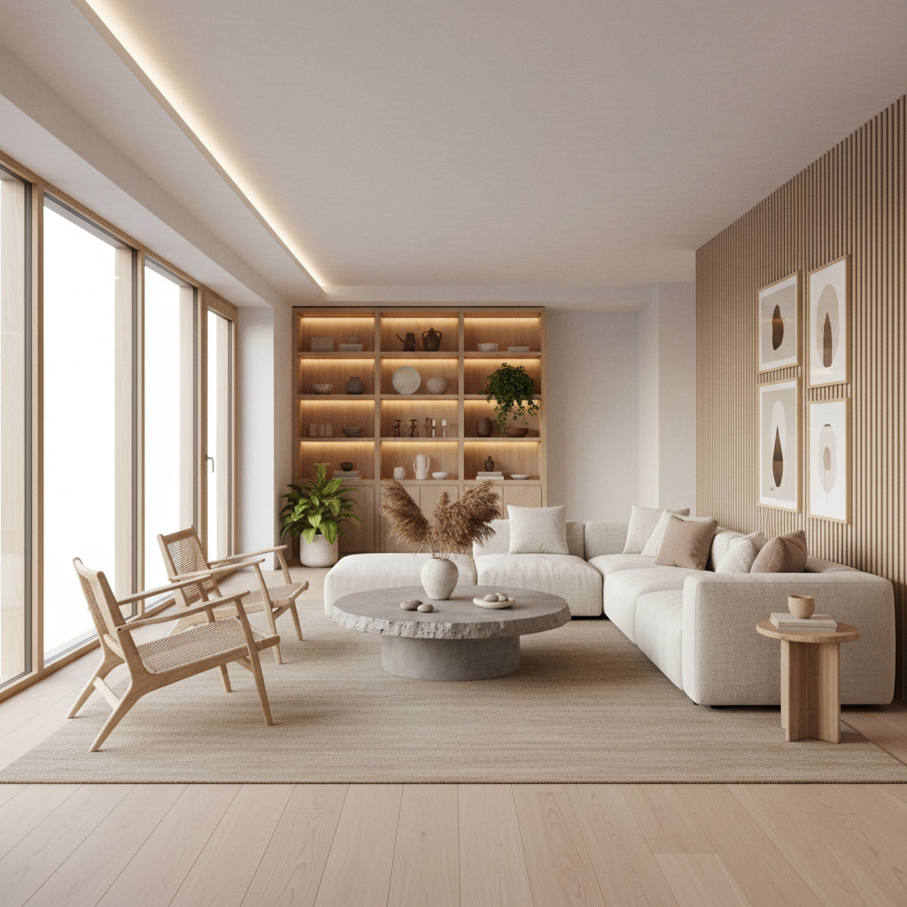 Modern iç mimari örneği, minimalist tasarım ve doğal malzemelerle döşenmiş mekan.