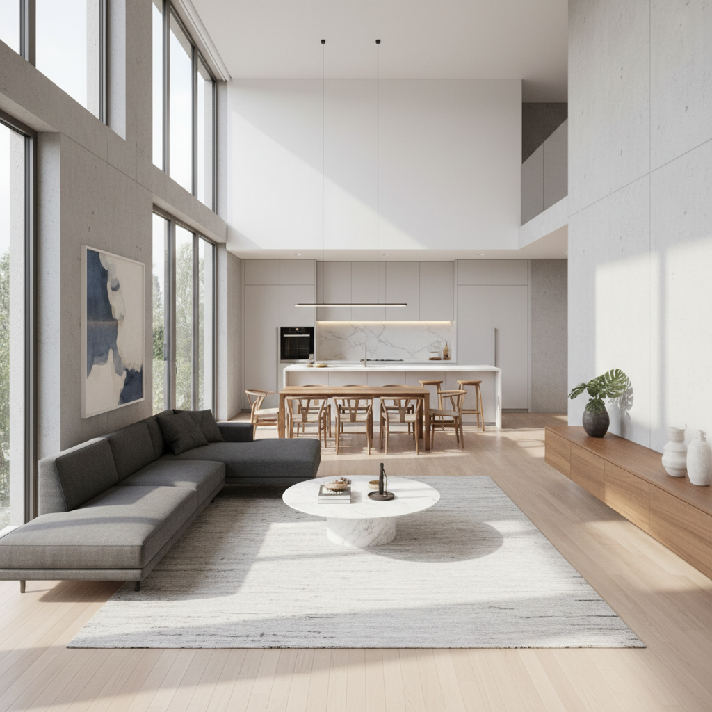 Modern iç mimari örneği, açık alanlar ve minimalist mobilyalarla