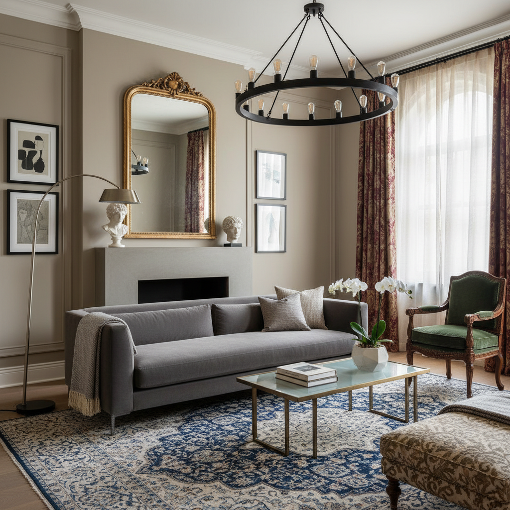Modern ve klasik tasarım unsurlarını birleştiren rahat bir oturma odası