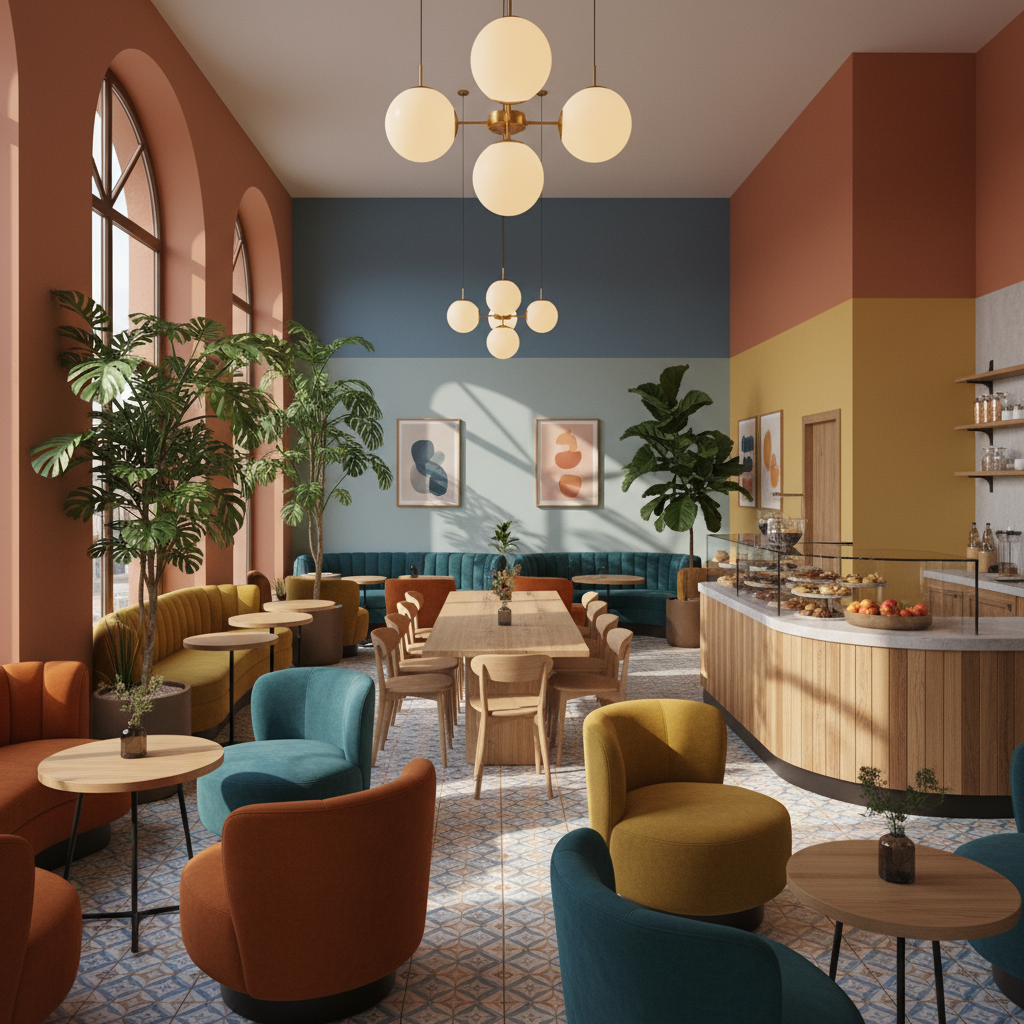 Renkli ve davetkar bir kafe iç mekan tasarımı.