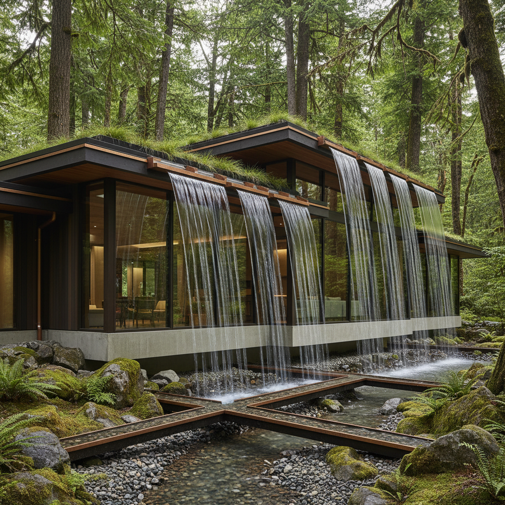 Modern bir yapıda etkili su tahliyesi gösteren oluk sistemi.