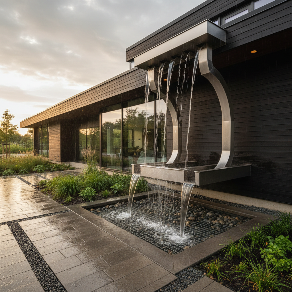 Modern bir yapının etkili bir oluk sistemiyle suyun doğru yönlendirilmesi