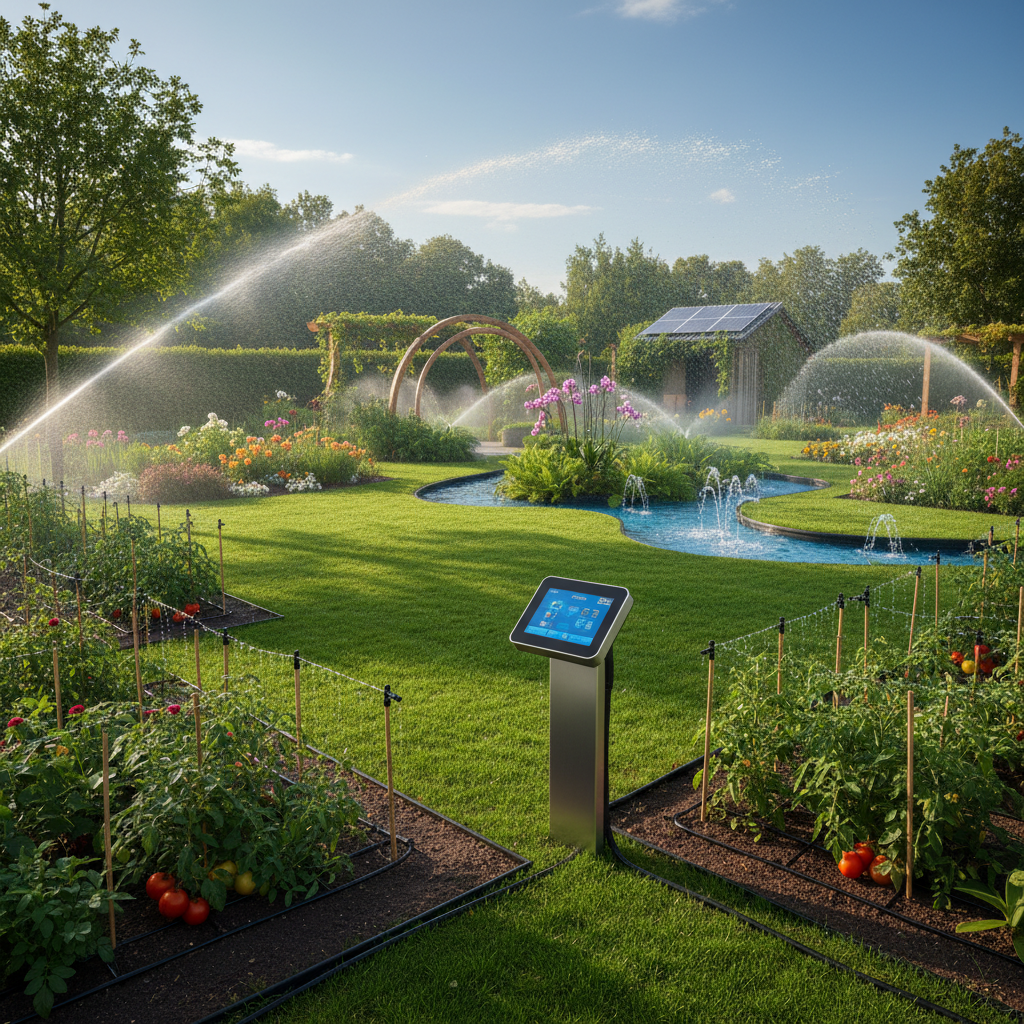 Bahçede modern otomatik sulama sistemi